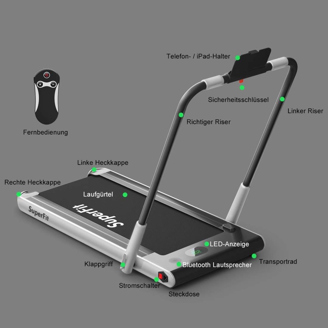 Elektriskt löpband justerbar hastighet fjärrkontroll Bluetooth hopfällbar funktion silver | Hälsa & Skönhet - Personvård - Vård & Rehabilitering - Hållning | Pryloteket