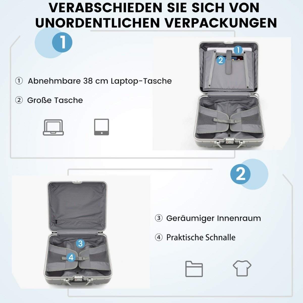 16" håndbagage 34L rullekuffert med laptoprum & spinnerhjul 43 x 24 x 44 cm sølv