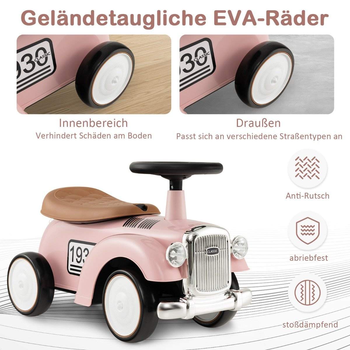 Rutcshauto ride-on køretøj med opbevaringsplads og tipbeskyttelse børne køretøj med rat 58 x 27 x 34 cm pink