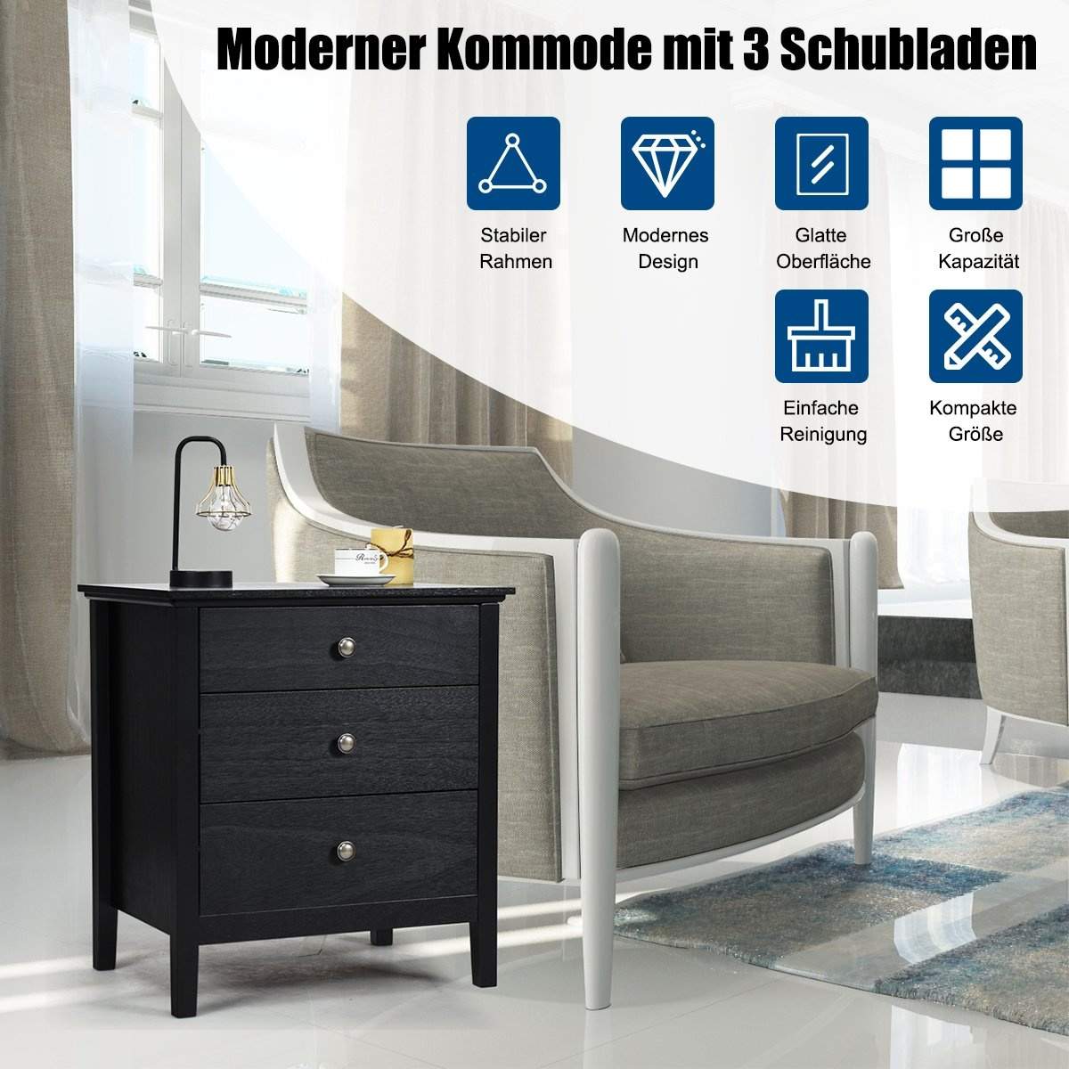 Natbord med 3 skuffer, sidebord, natbord, natbord, sort