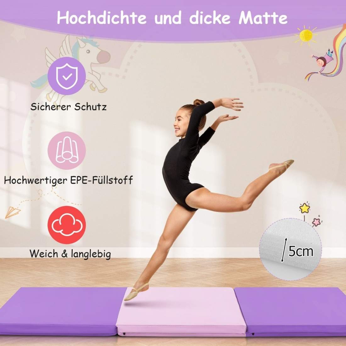 Vikbar mjuk golvmatta med 2 handtag halkfri gymnastikmatta 180 x 60 x 5 cm Lila + Rosa | Sport & Fritid - Träning | Pryloteket