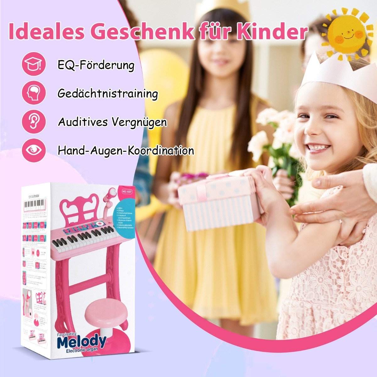37 tangenter børnekeyboard børneklaver elektronisk med skammel mikrofon & nodestativ pink