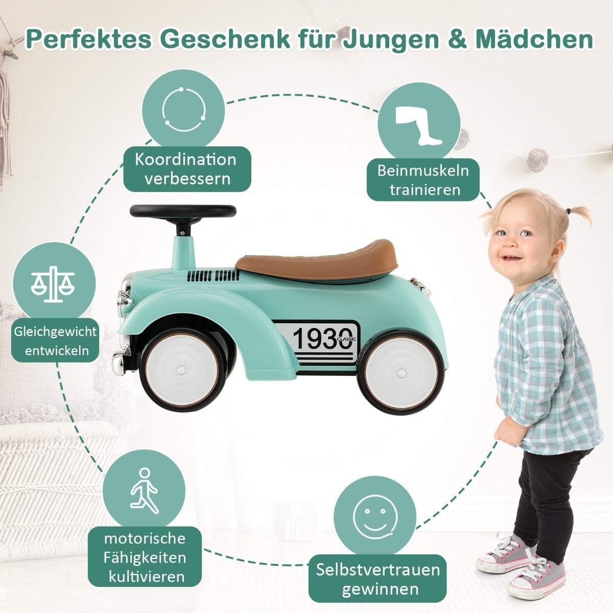 Rutcshauto ride-on køretøj med opbevaringsplads og tipbeskyttelse børne køretøj med rat 58 x 27 x 34 cm grøn