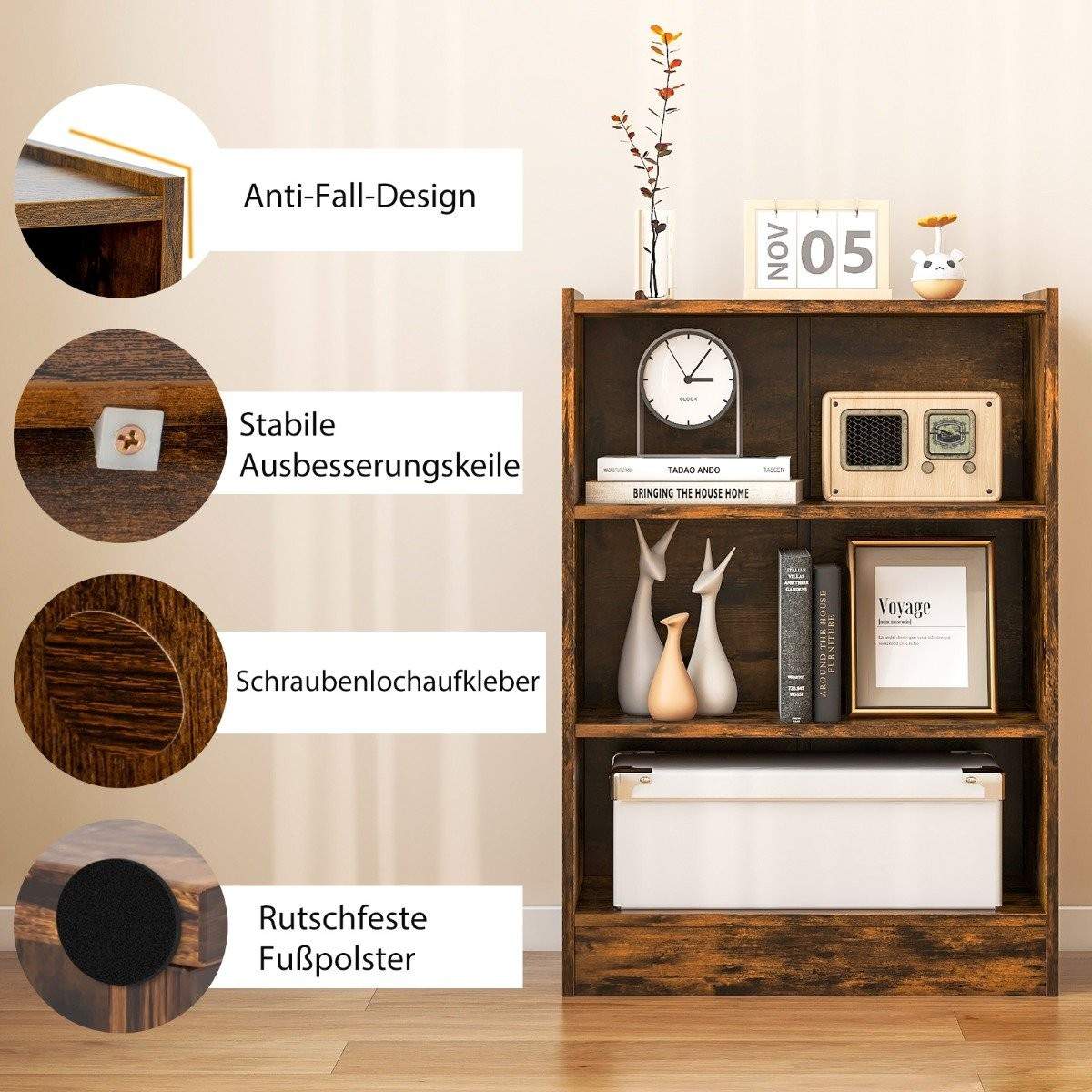 3-lags reol åben opbevaringshylde moderne skab 50 x 30 x 75 cm brun