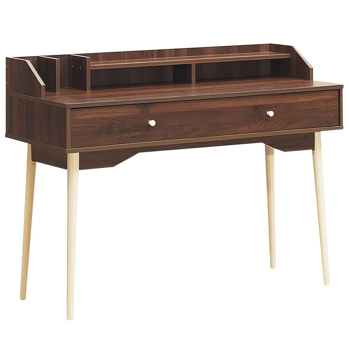 Pöytätietokonepöytä laatikolla toimistopöytä massiivipuusta PC-työasemakonsolipöytä ruskea