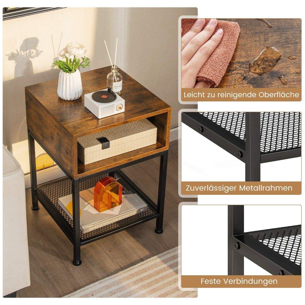Sidebord med opbevaringsrum og gitterhylde sengebord med metalstel 40 x 40 x 57,5 ​​cm