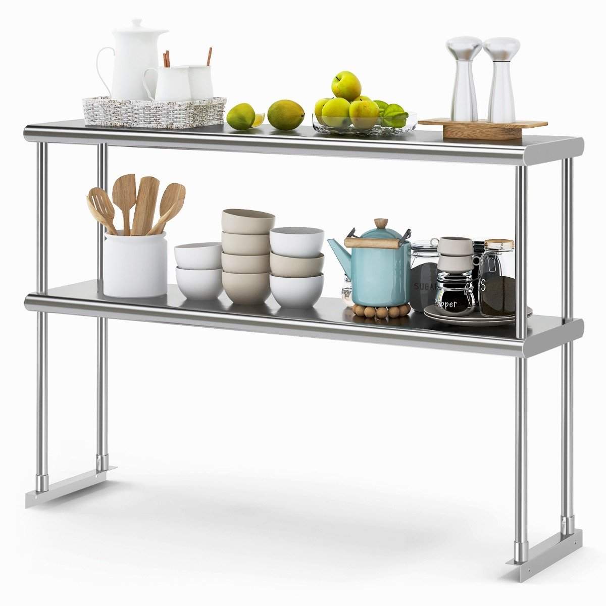 Dubbla topphylla i rostfritt stål med justerbar bottenhylla multifunktionshylla silver | Hem & Hobby - Hem & Hushåll - Kök - Köksredskap | Pryloteket