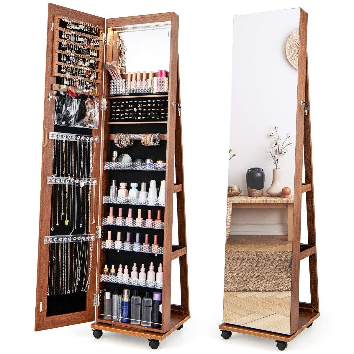 Låsbart smykkeskab med integreret makeupspejl, justerbare hylder & opbevaringsplads brun