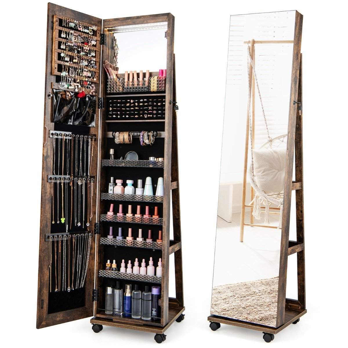 Låsbart smykkeskab med integreret makeup-spejl, justerbare hylder og kaffeopbevaringsplads