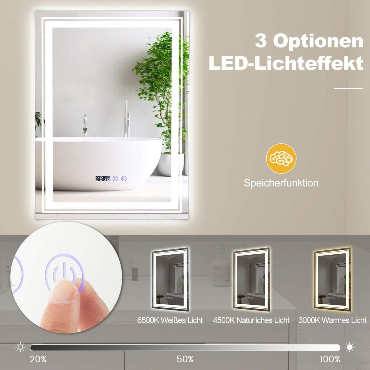 Dugfrit LED badeværelsesspejl med 3 lysfarver & hukommelsesfunktion Oplyst vægspejl