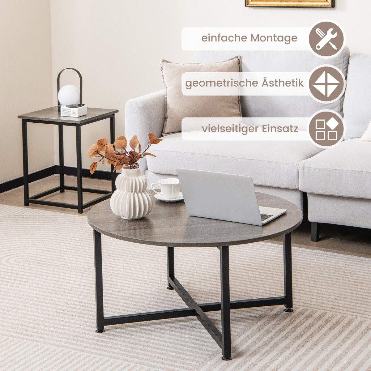 Set med 3 soffbord med robust metallstomme, runt soffbord och 2 fyrkantiga sidobord, grå | Elektronik - Ljud & Bild - TV-Tillbehör - Fjärrkontroller | Pryloteket