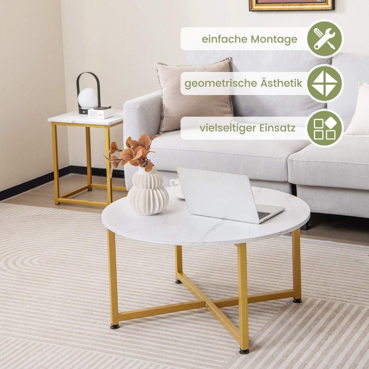 Sæt med 3 sofaborde med robust metalstel, rundt sofabord og 2 firkantede sideborde, hvid