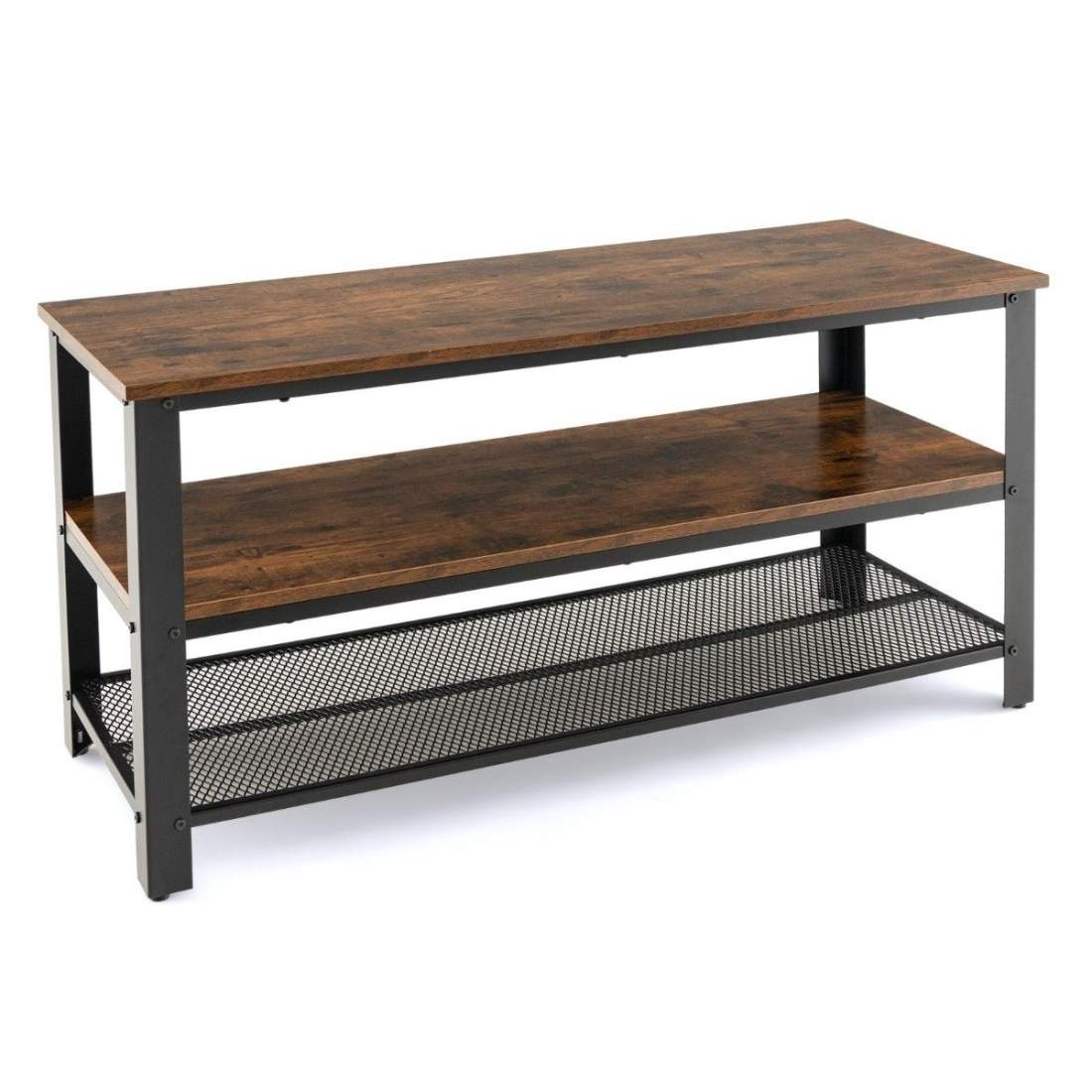 Industriel tv-stander med 2-lags åbne opbevaringshylder og metalramme til tv op til 50 tommer