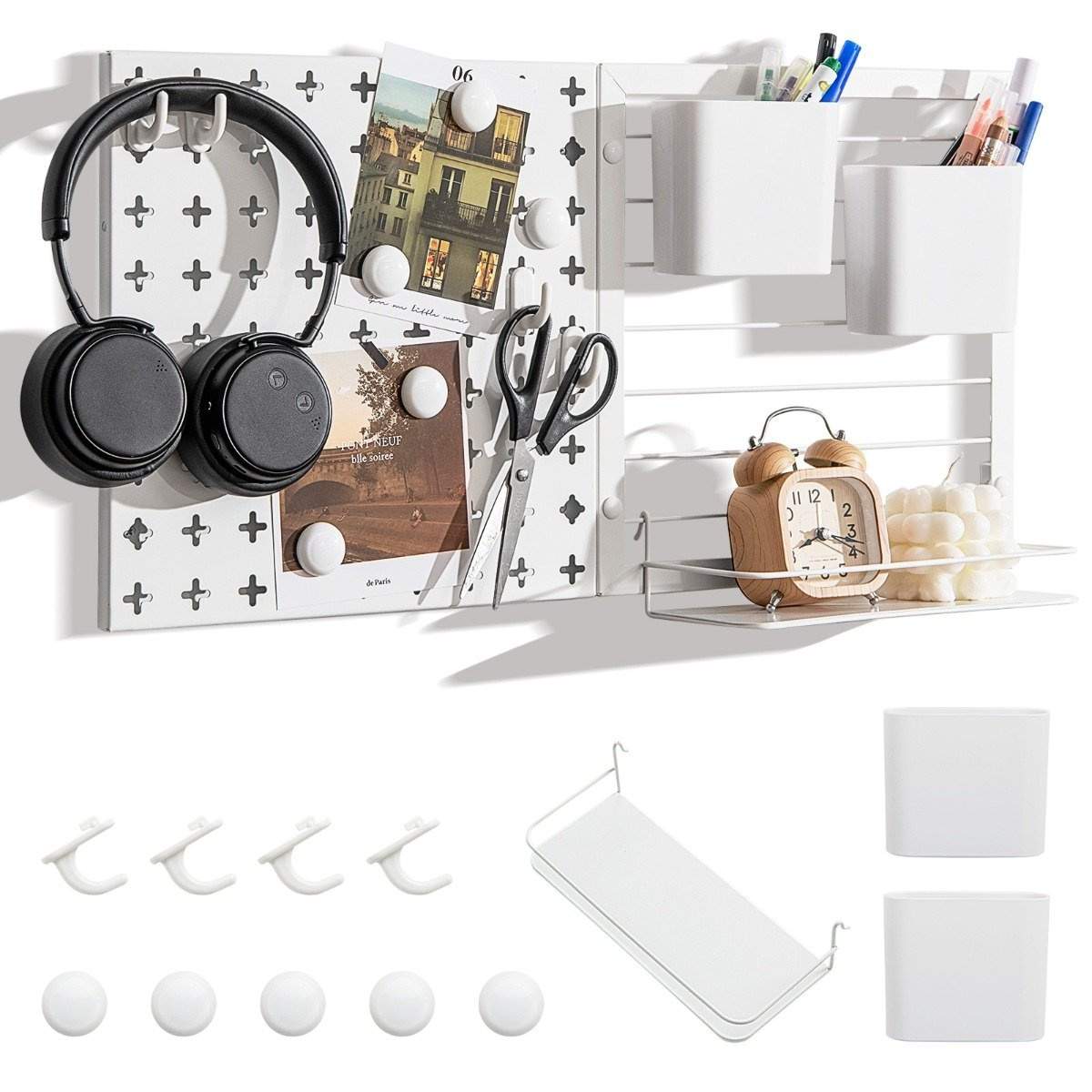 Værktøjsvæg med 2 opbevaringsbeholdere & 1 opbevaringsstativ & 5 magneter & 4 kroge pegboard