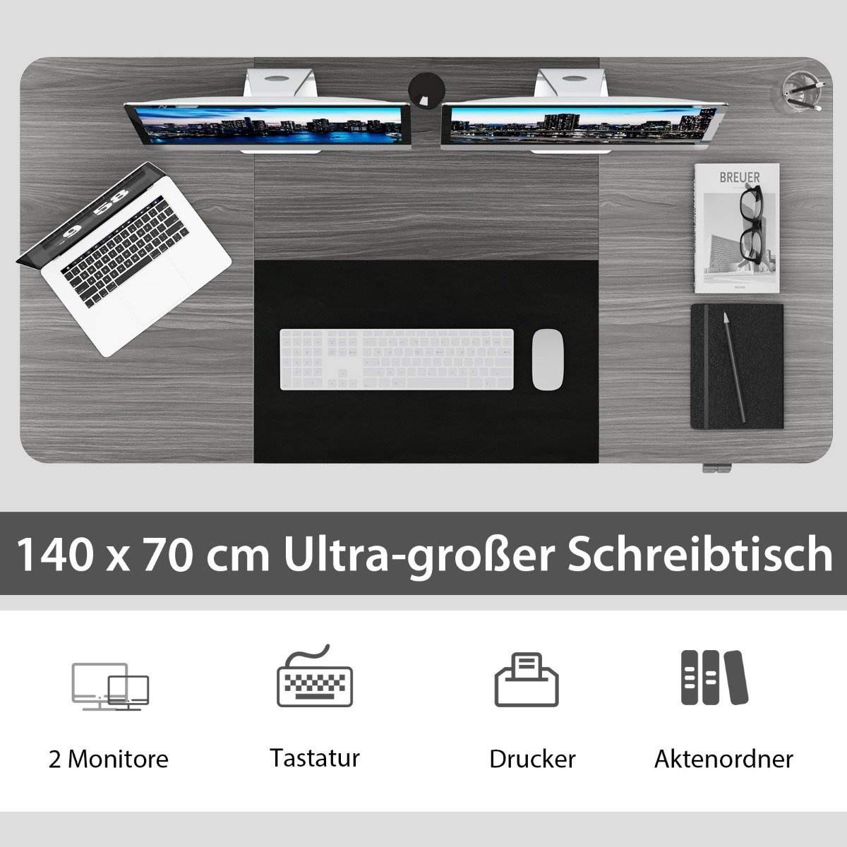 140 x 70 cm elektrisk højdejusterbart skrivebord med stopmekanisme og kroge mørkegrå