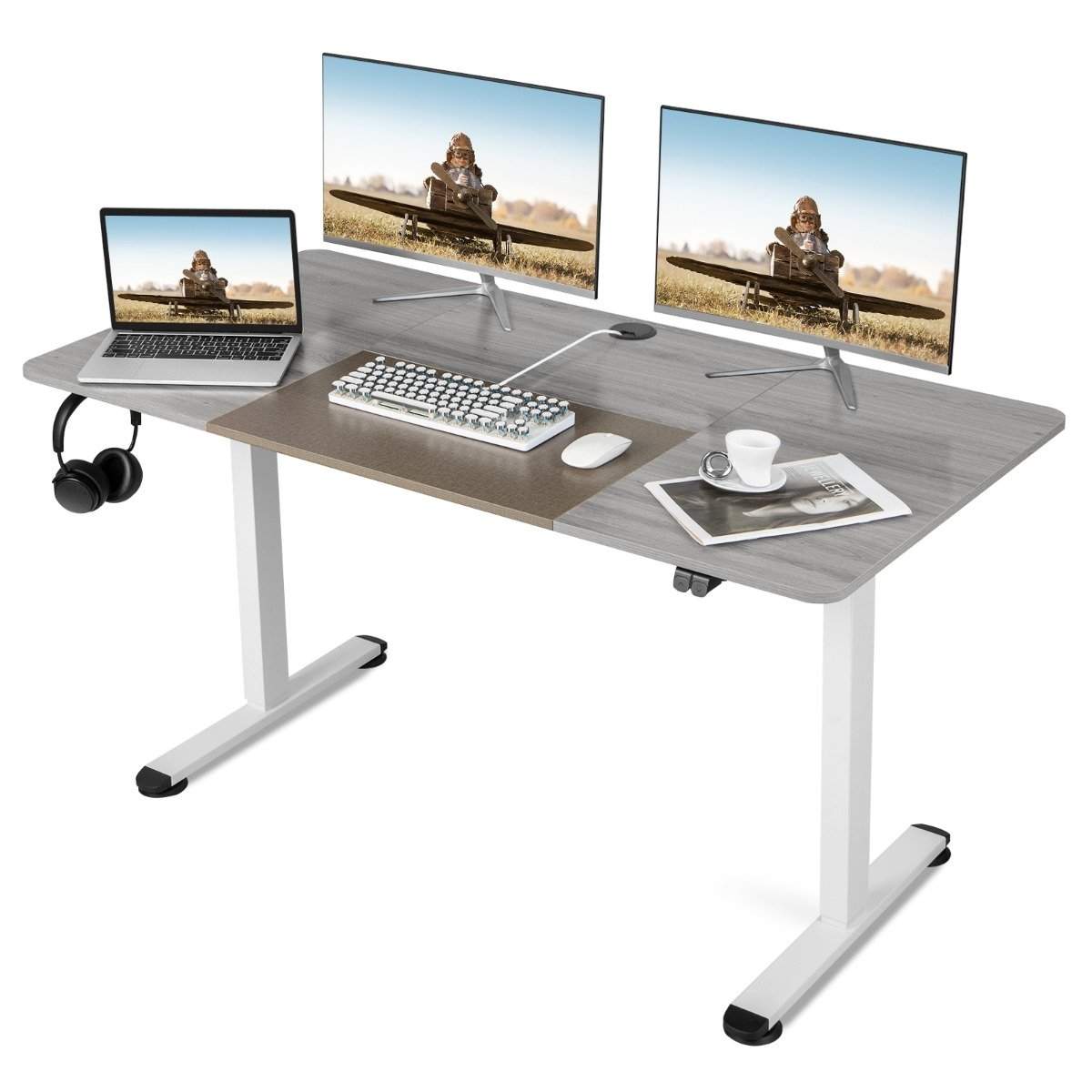 140 x 70 cm Elektrisk højdejusterbart skrivebord med stopmekanisme & kroggrå