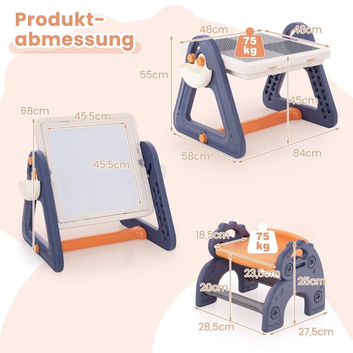 6 i 1 sammenklappeligt tegnebord med stol og staffeli Multifunktionelt spillebord med 160 byggeklodser