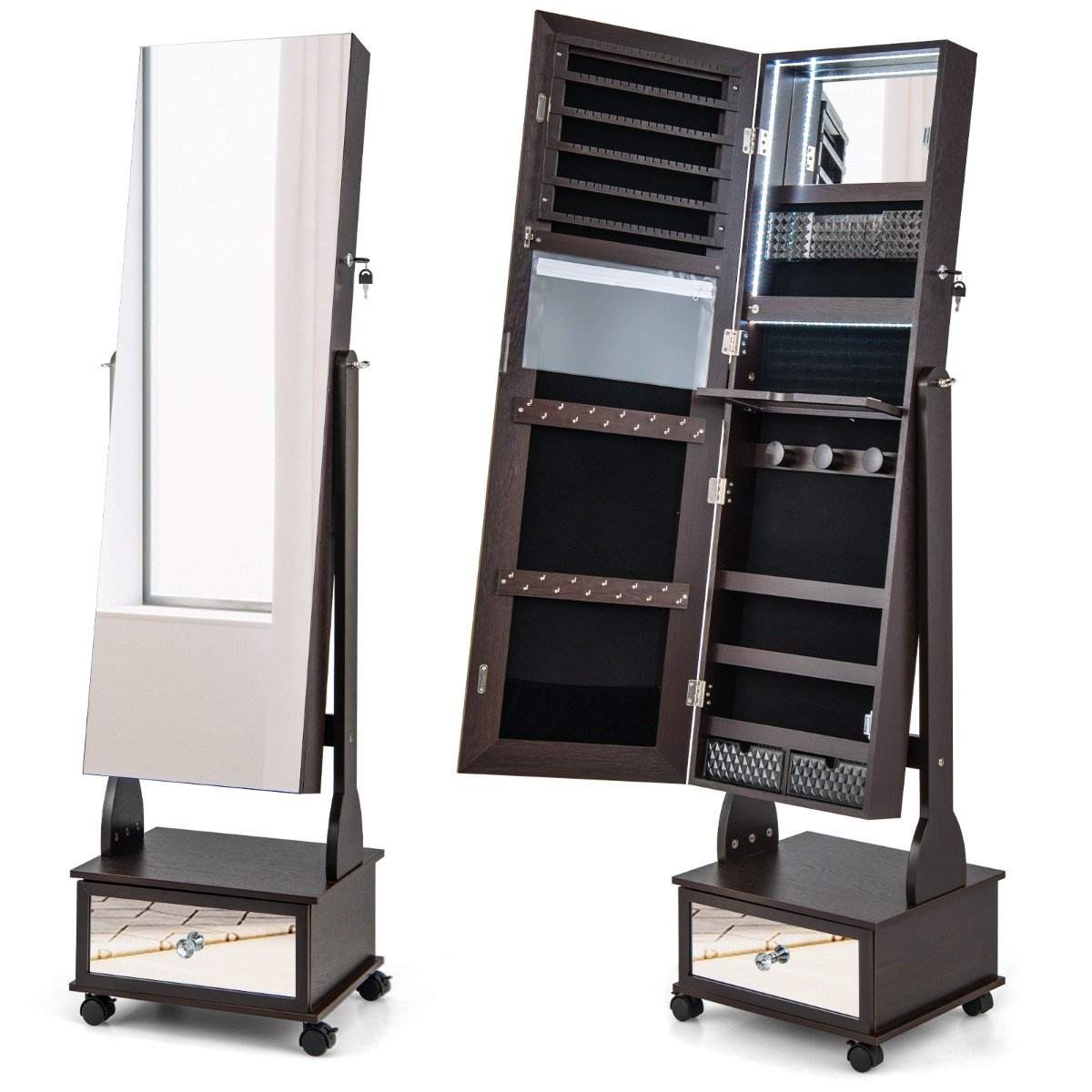 Smykkeskab med 3 spejle & skuffe & hjul & lys smykkespejl brun
