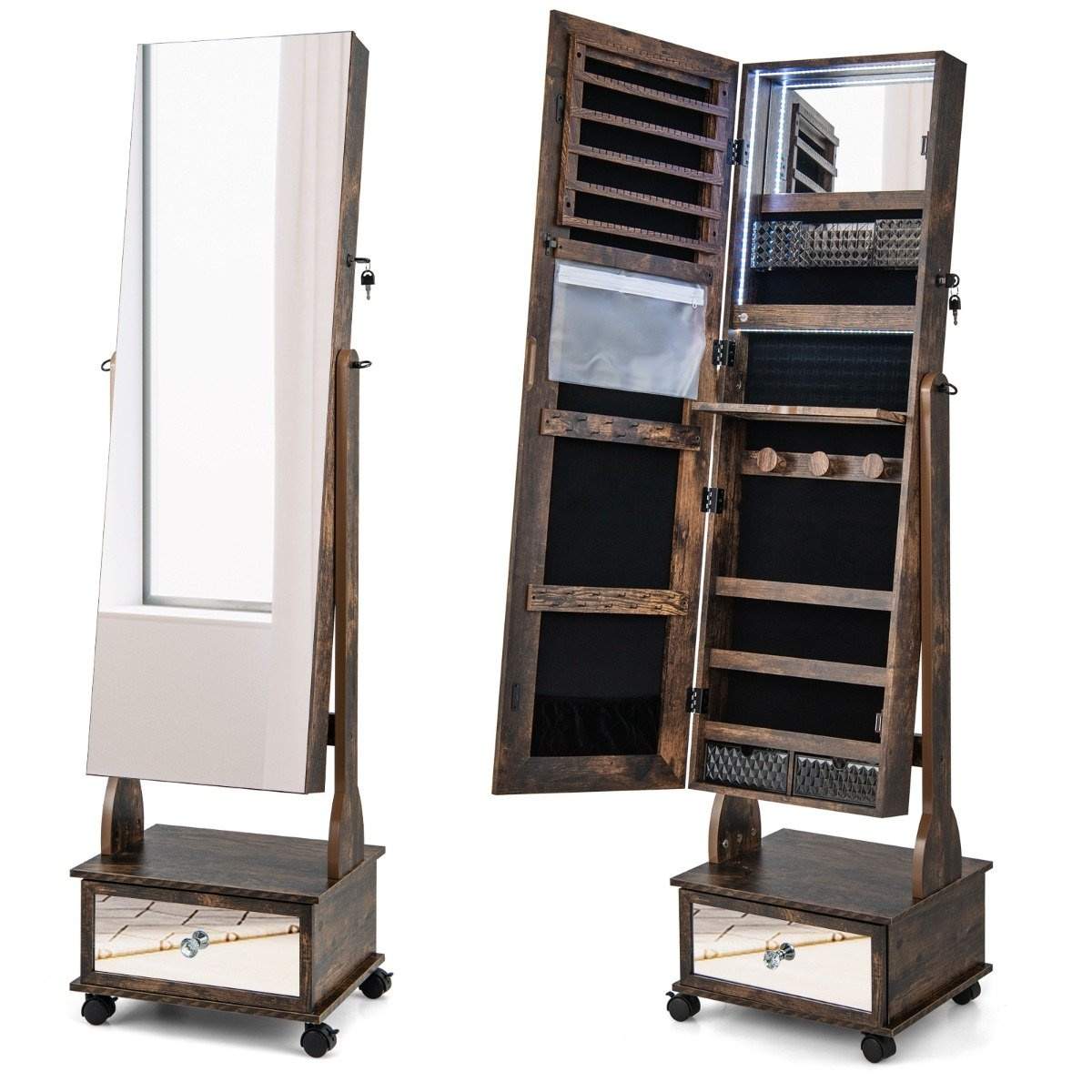 Smyckesskåp med 3 speglar & lådor & hjul & lampor Smyckesspegel Rustik Brun | Elektronik - Tillbehör Mobil & Surfplatta - Mobiltillbehör - Mobilkablar - Tillbehör | Pryloteket