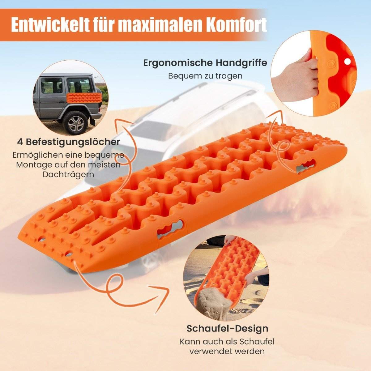 2 styks trækhjælpssandplader off-road dækstige til sand/mudder/sne 107 x 31 x 7 cm orange