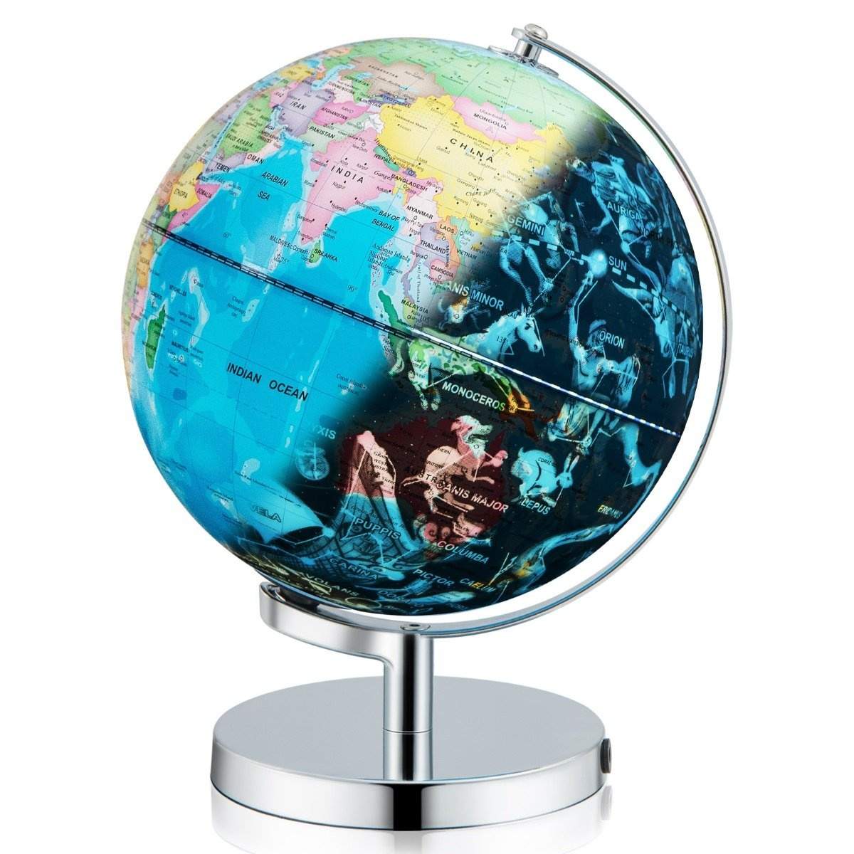 Ø 23 cm oplyst globus med metalbund & lys & engelsk geografisk kort & stjernebilledekort