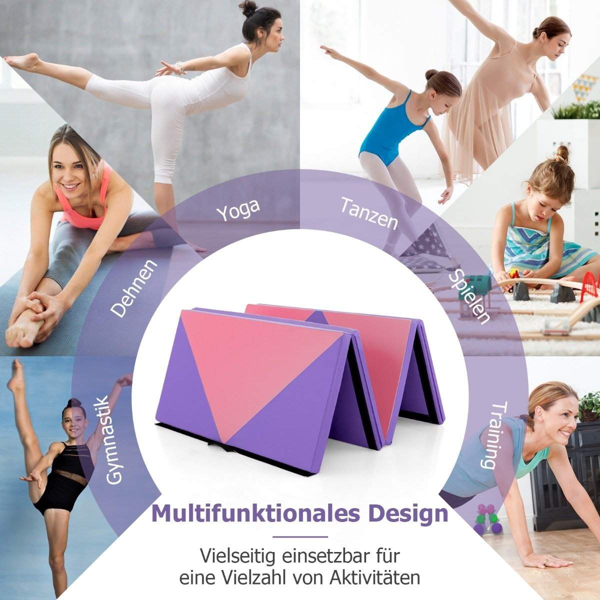 Sammenfoldelig blød gulvmåtte, bærbar gymnastikmåtte, yogamåtte, 240 x 117 x 5 cm, lilla