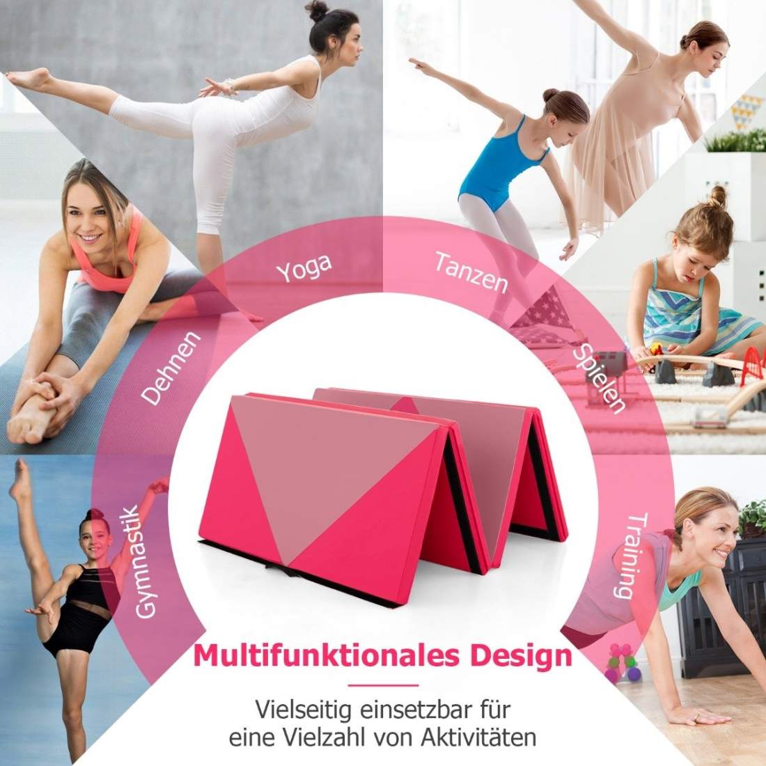 Vikbar mjuk golvmatta Bärbar Gymnastikmatta Yogamatta 240 x 117 x 5 cm Rosa | Sport & Fritid - Träning | Pryloteket
