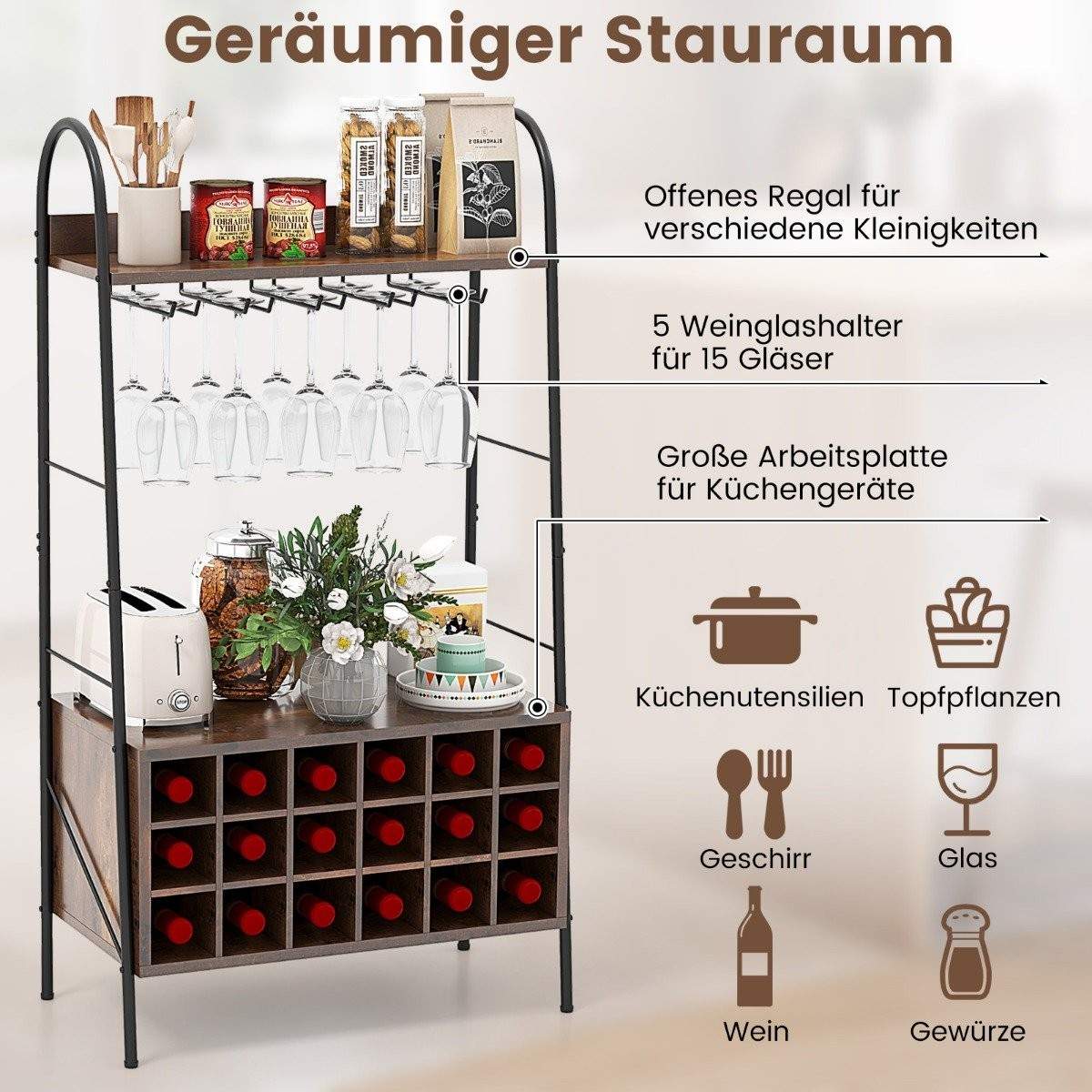 Vinstativ Flaskestativ til 18 flasker Vinstativ med 5 vinglasholdere 63 x 32 x 114,5 cm Rustik brun