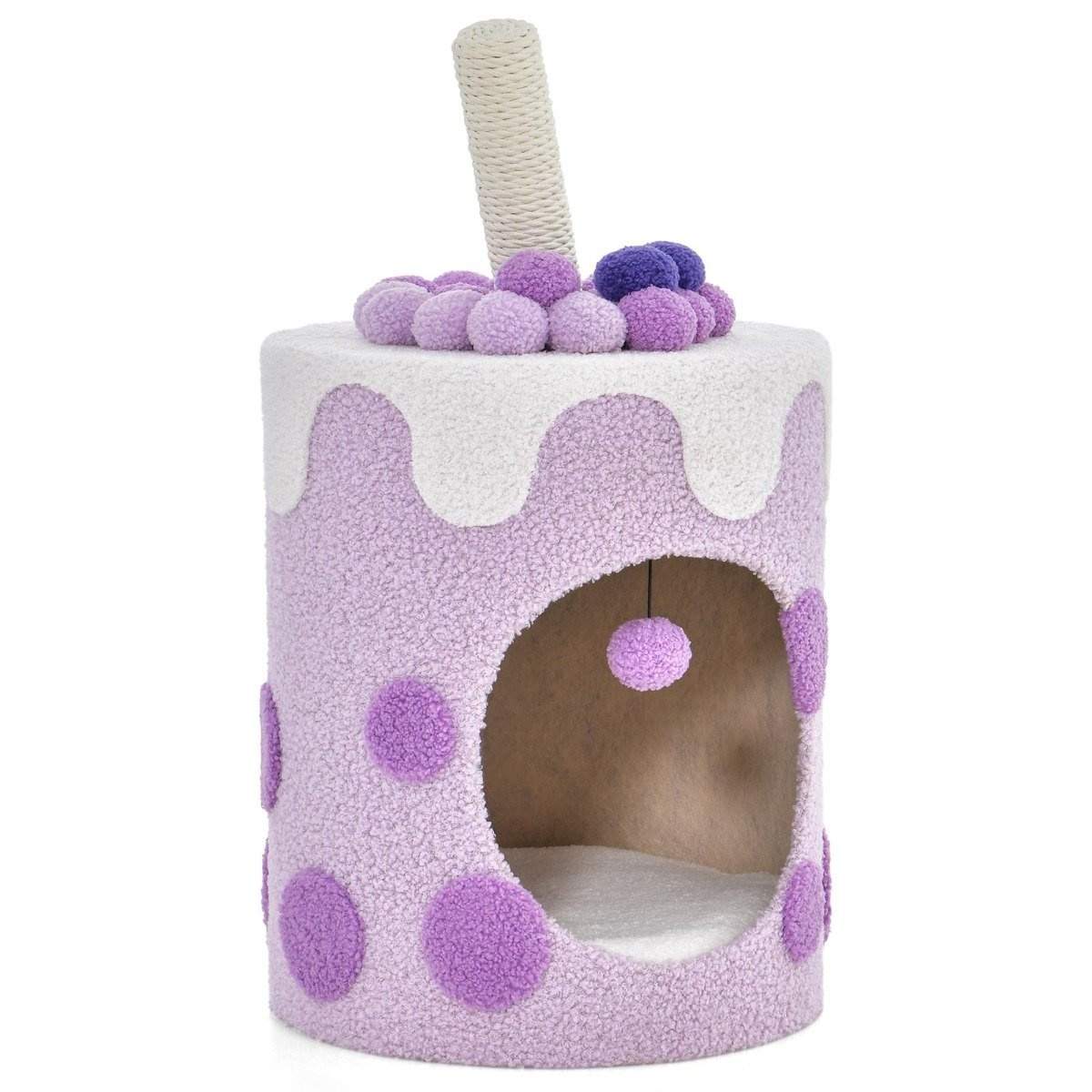 Kradsestolpe, kradsetønde i mælketeform med sisalstolper og dinglende kuglelegetøj lilla