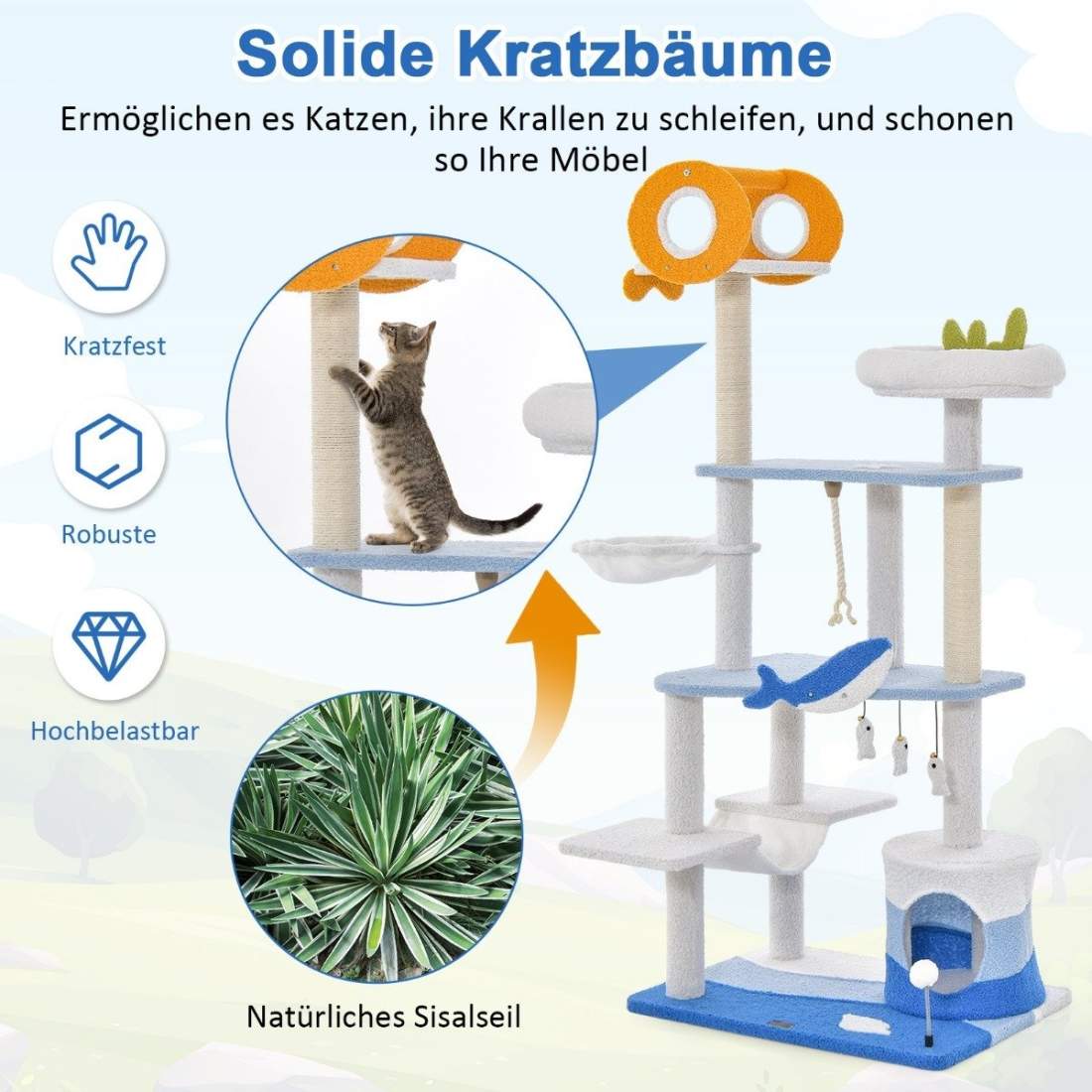 Skrapstolpe i marint motiv, katttorn i flera våningar med sisalklädda stolpar, blå, 69 x 49 x 168 cm | Hem & Hobby - Husdjur - Katt - Katträd | Pryloteket
