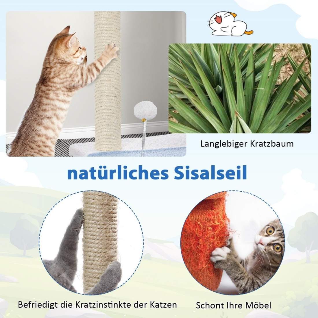 Seaside skrapstolpe 3-vånings katttorn med sisaltäckta stolpar Blå 49 x 38 x 86 cm | Hem & Hobby - Husdjur - Katt - Katträd | Pryloteket