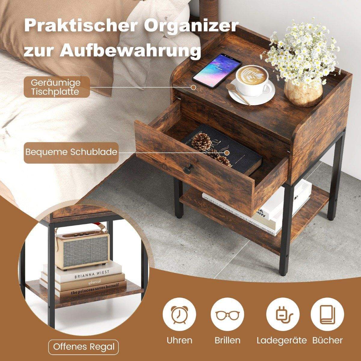 Sängbord med låda Sidobord med öppen hylla 42 x 30 x 60 cm Rustikbrun | Elektronik - Tillbehör Mobil & Surfplatta - Mobiltillbehör - Mobilkablar - Tillbehör | Pryloteket