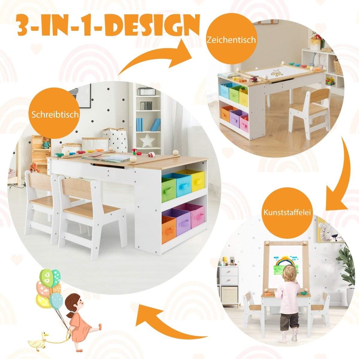 Børnebord med 2 stole 3 i 1 aktivitetsbord og staffeli lavet af træ med løftbar bordplade naturlig