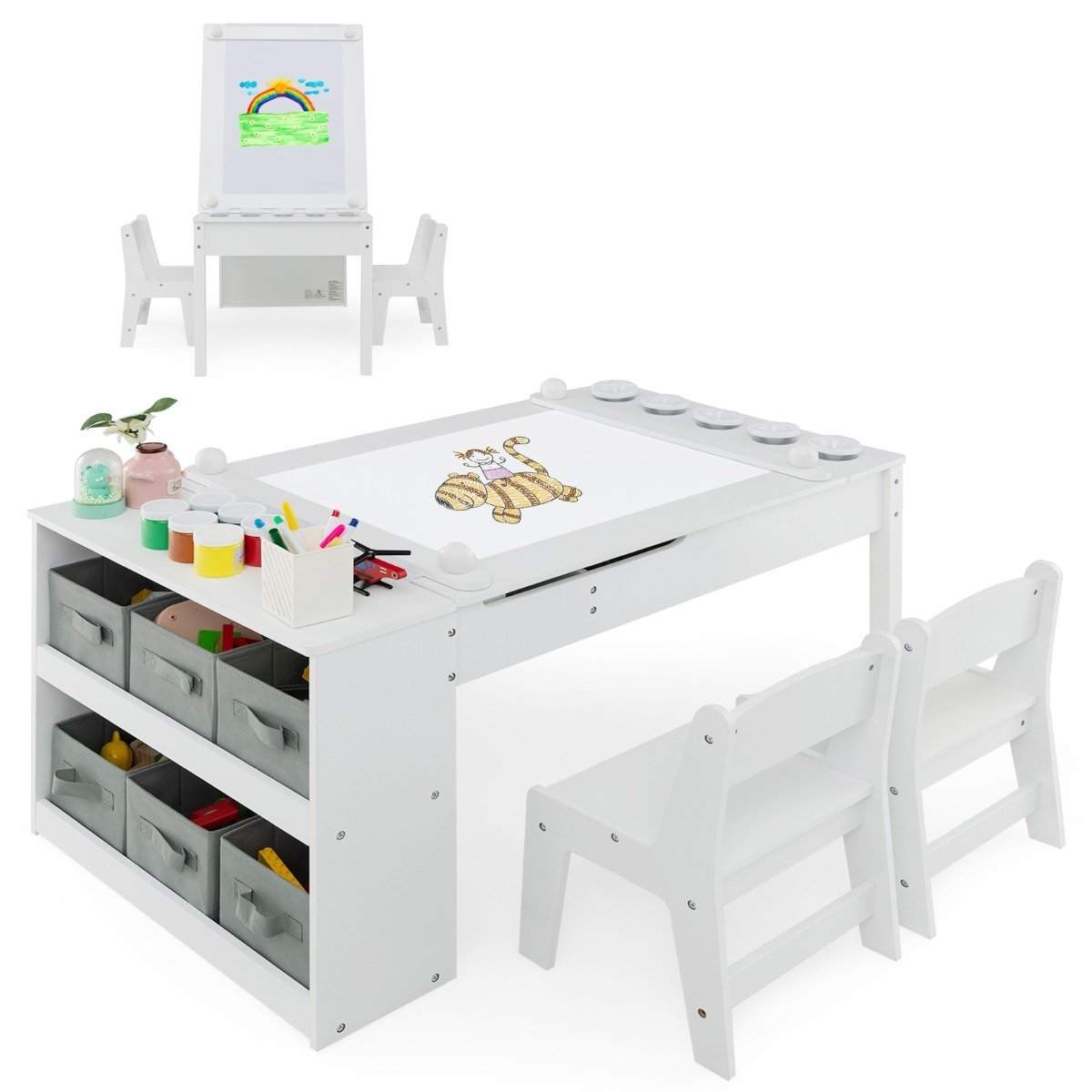 3 i 1 aktivitetsbord & staffeli med løftbar bordplade & 6 stofbeholdere & papirrulle hvid