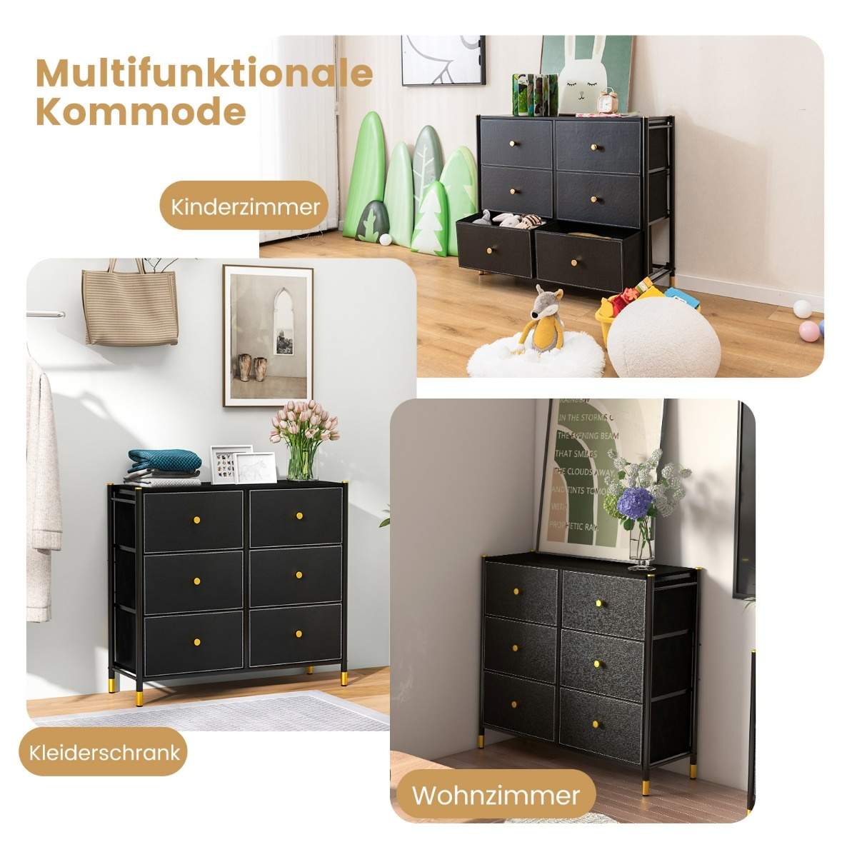 Kommode til soveværelse med 6 skuffer høj stof kommode med metalramme 89 x 30 x 76,5 cm sort