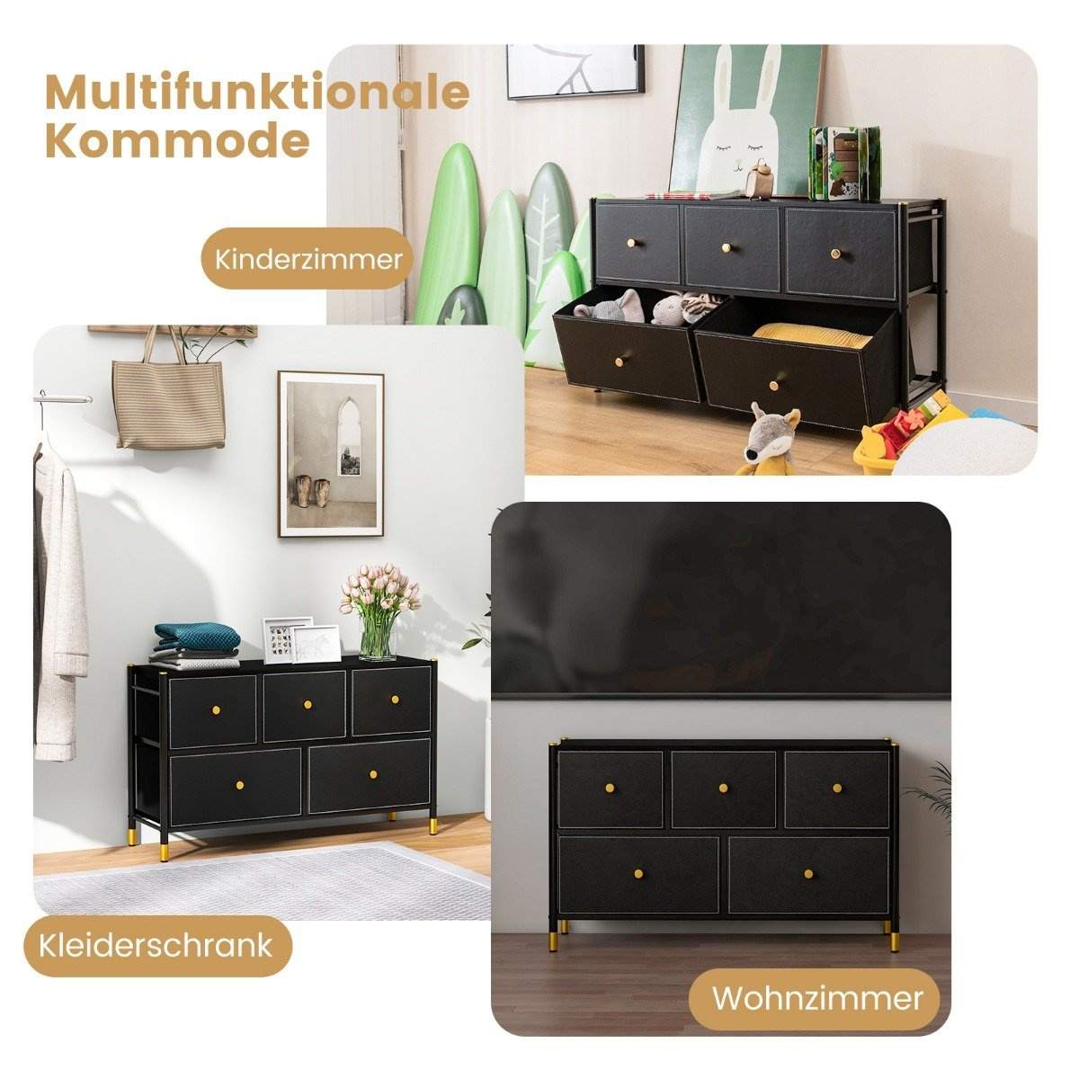 Kommode til soveværelse med 5 skuffer bred stof kommode med metalramme 100 x 30 x 58,5 cm sort