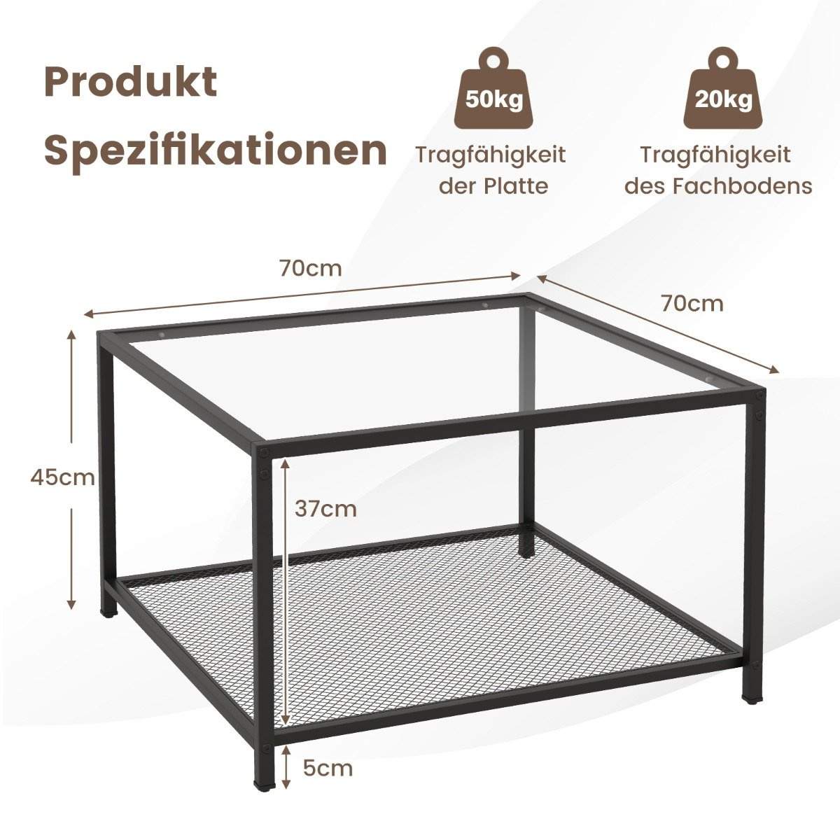 2-plans glasbord med opbevaringsplads og meshhylde Moderne firkantet sofabord 70 x 70 x 45 cm Gennemsigtig