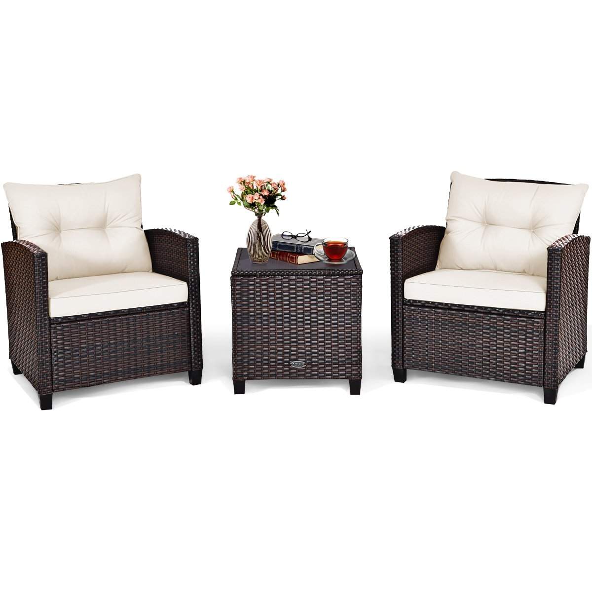 3 STK. Polyrattan loungesæt havemøbler rattan siddegruppe med sædehynder og sofabord beige