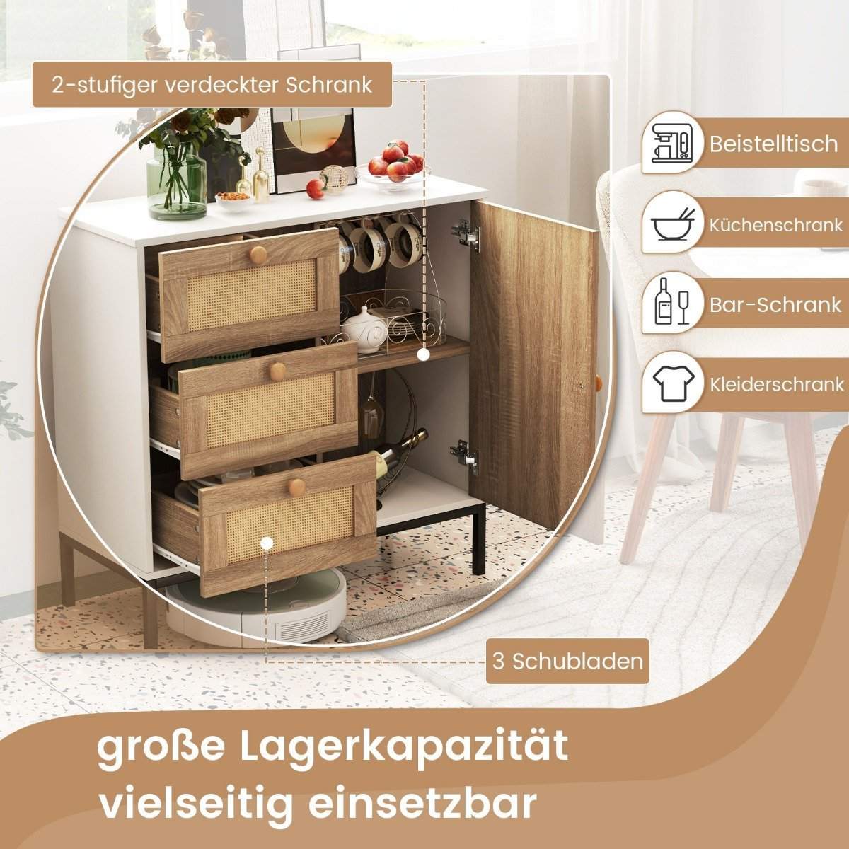 Skænk kommode i rattan med 1 låge og 3 skuffer køkkenskab 80 x 35 x 80,5 cm hvid + natur