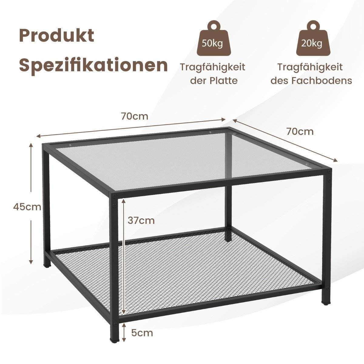 2 etagers glasbord med opbevaringsplads og nethylde Moderne firkantet sofabord 70 x 70 x 45 cm Grå