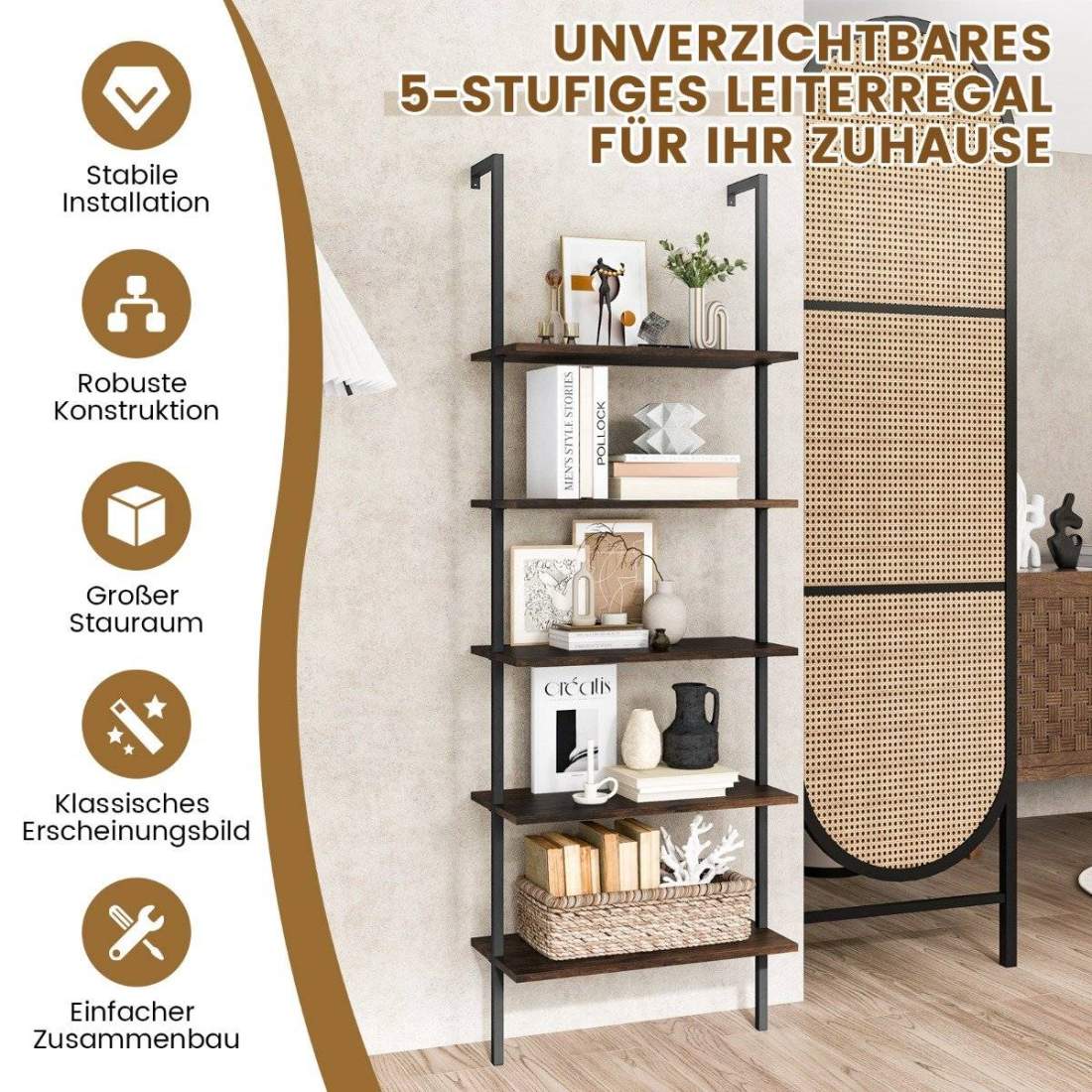 5-vånings steghylla vägghylla med stålram 60 x 30 x 180 cm rustikbrun | Hem & Hobby - Hem & Hushåll - Balkong | Pryloteket