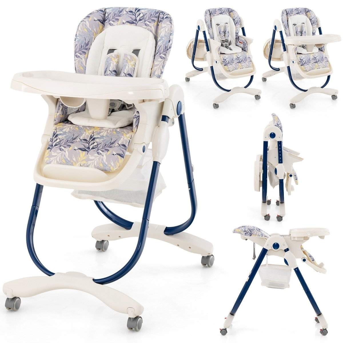 Sammenklappelig højstol med hjul & justerbar højde & fodstøtte & ryglæn Babysæde Marineblå