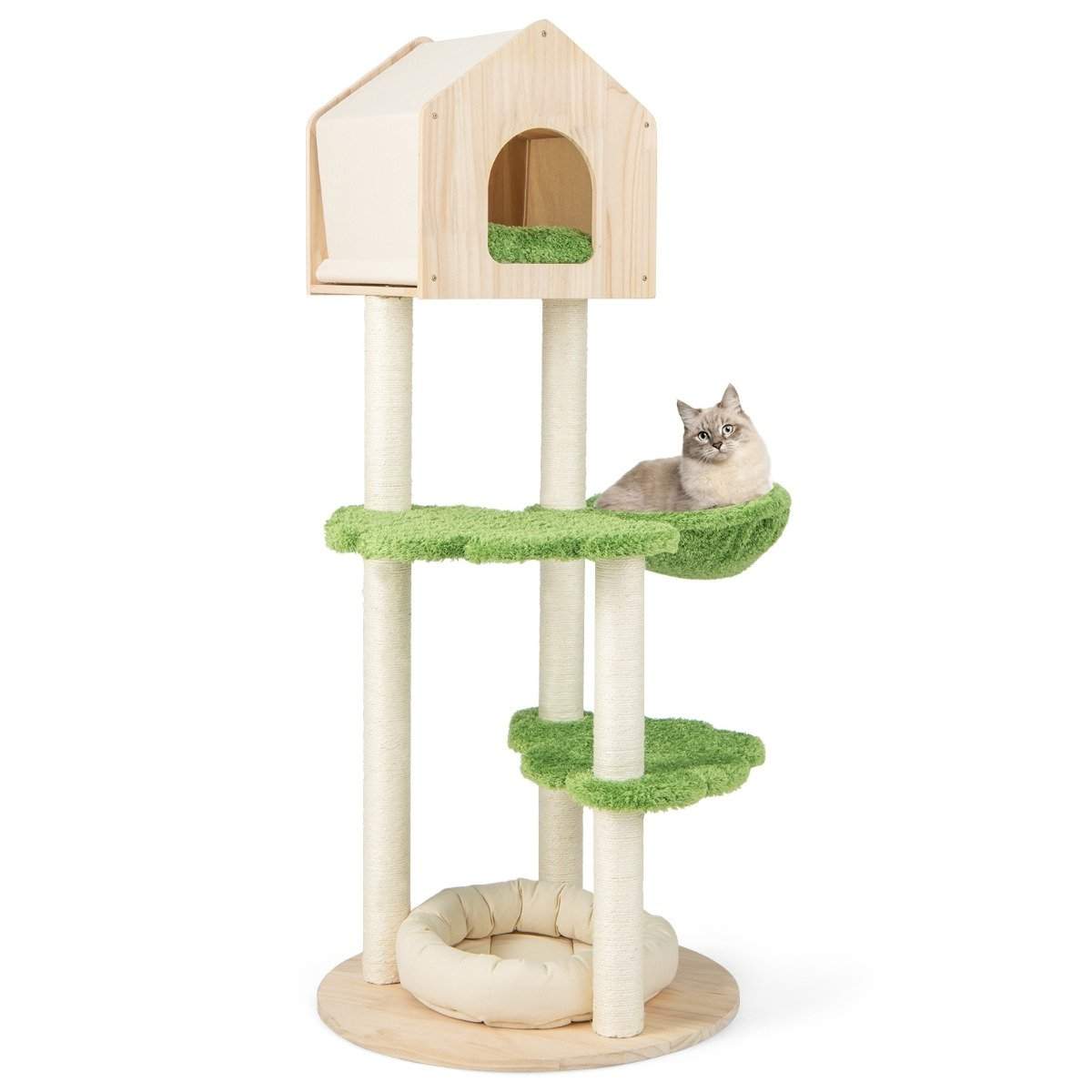 139 cm kattetræ med sisal-kradsestolper & hoppeplatforme & køje & hængekøje