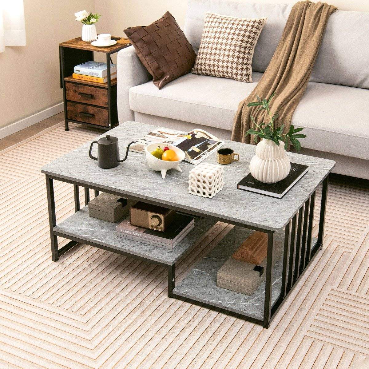 Soffbord i konstmarmor med öppen hylla och sidobord i metallram 110 x 60 x 45 cm | Elektronik - Tillbehör Mobil & Surfplatta - Mobiltillbehör - Mobilkablar - Tillbehör | Pryloteket