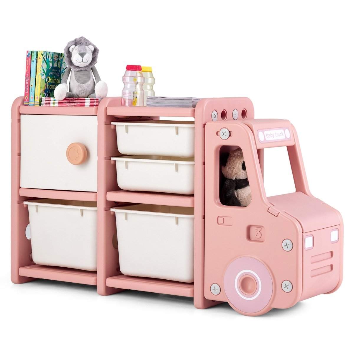 Legetøjshylde 2 niveauer børnehylde med skuffer og opbevaringsbokse 110 x 32 x 66 cm pink