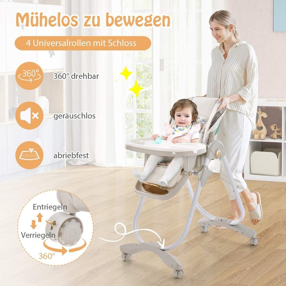 Baby højstol sammenklappelig babystol med lænefunktion hjul & dobbeltbakke 96,5 x 55 x 99-109 cm grå