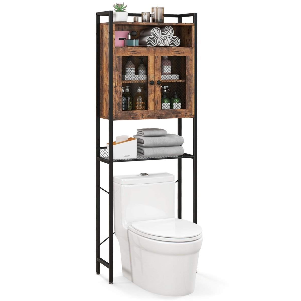 Toiletskab med dobbeltdør Badeværelseshylde Vaskemaskinehylde 60 x 24 x 172 cm Brun