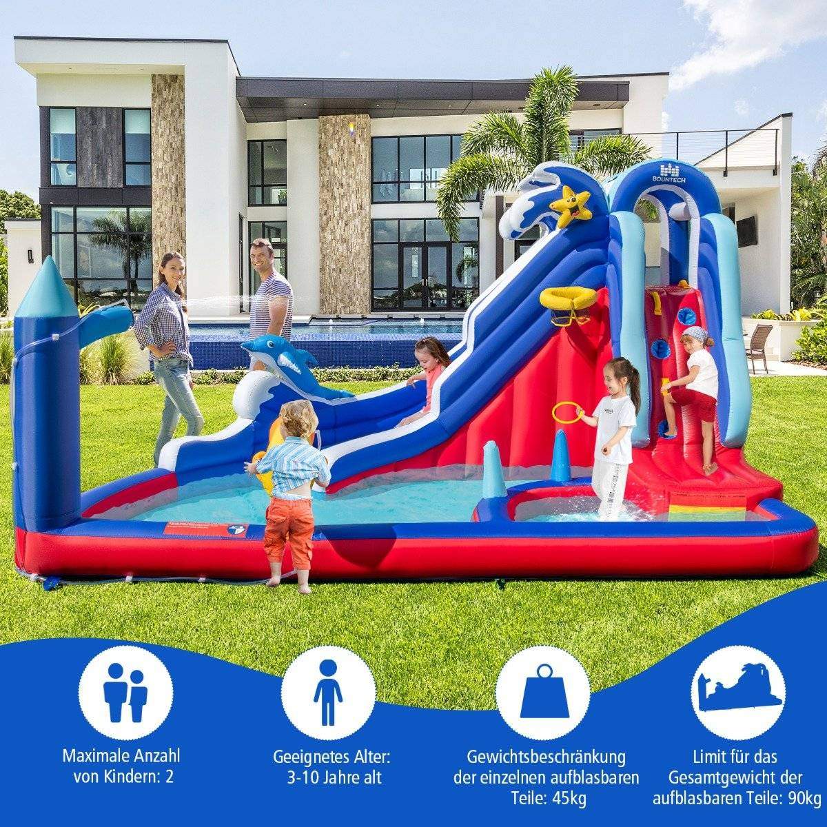 6 in 1 puhallettava pomppulinna, kiipeilyseinä ja kahluuallas, vesitykki ja koripallovanne