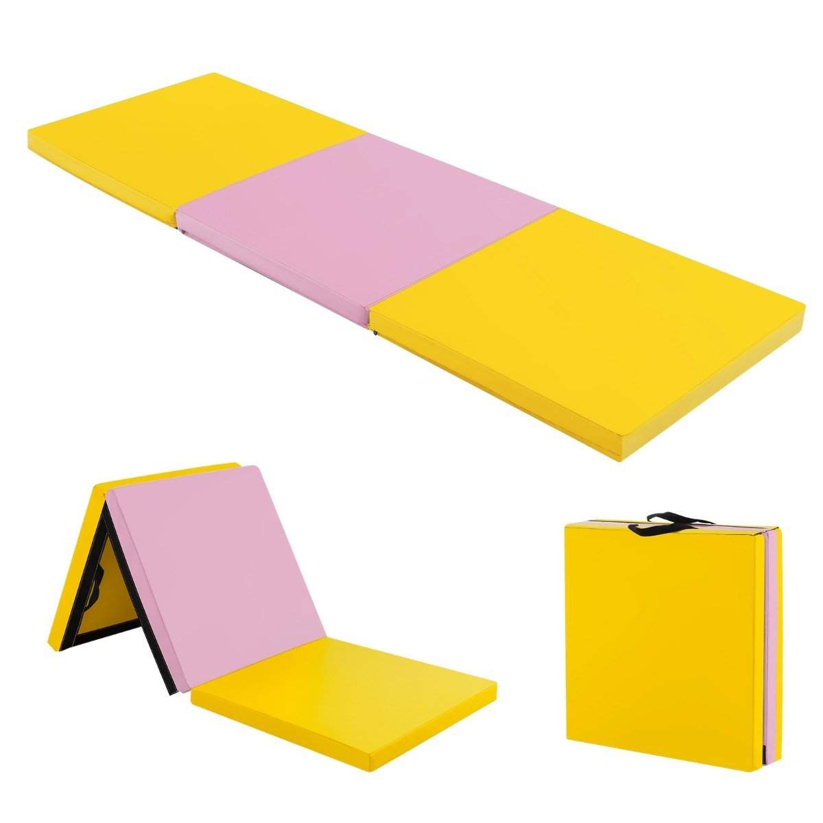 Foldbar blød gulvmåtte med 2 håndtag Skridsikker gymnastikmåtte 180 x 60 x 5 cm Pink + Gul