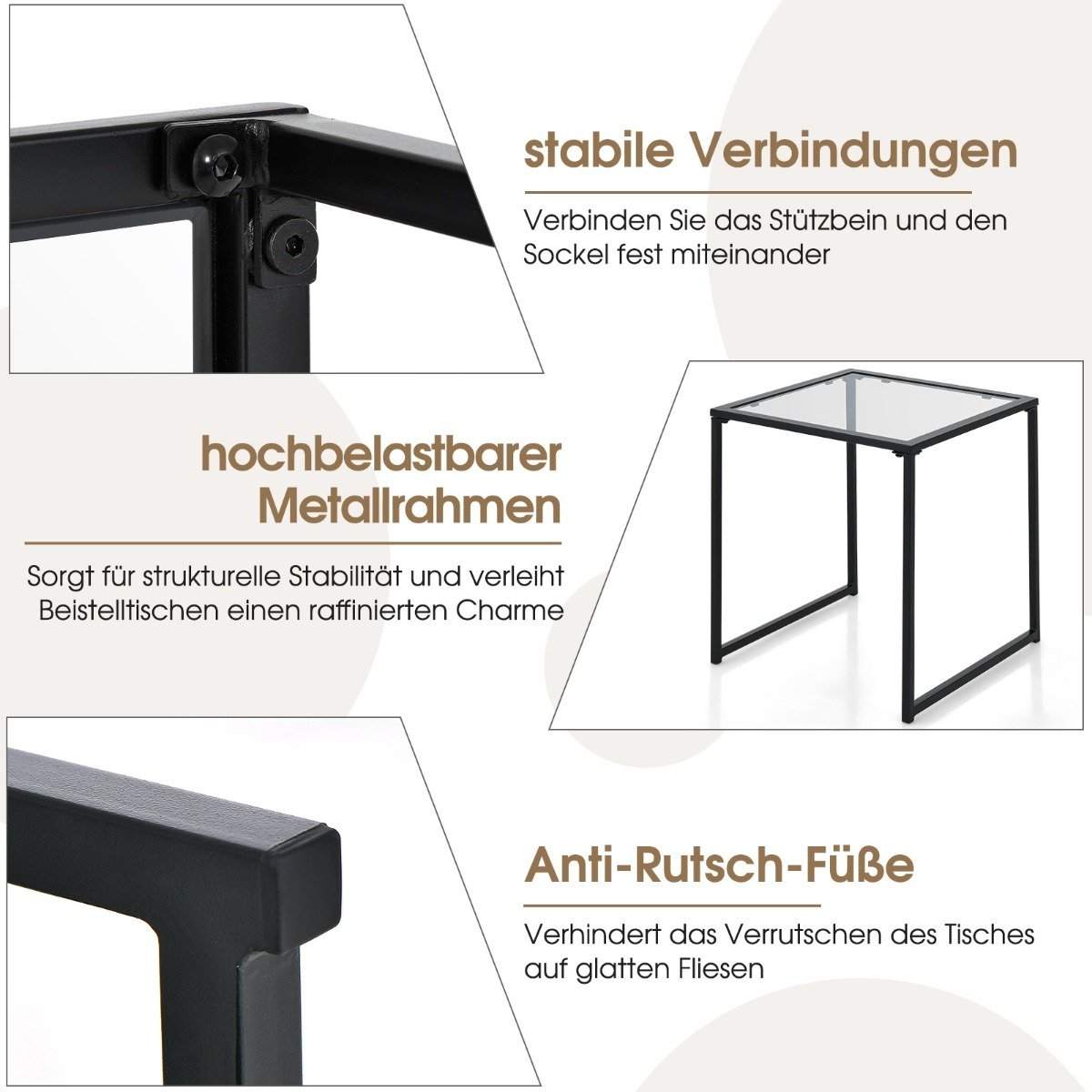 Sidebord lille havebord altanbord med bordplade lavet af hærdet glas 43 x 43 x 45 cm sort